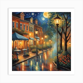 Enchanted Evening Street - Rain-Reflected Lamps and Classic Architecture Canvas Print | Moonlit Urban Landscape Art Art Print