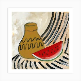 still life kitchen art painting square beige red vase watermelon stripes Art Print