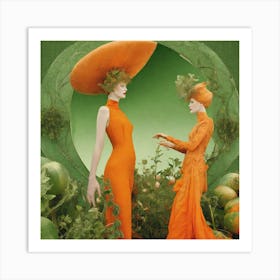 Two Women In Orange Dresses Art Print