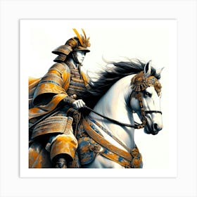 Samurai In Full Gear On His Decorated White Horse Color Deatil Drawing Art Print