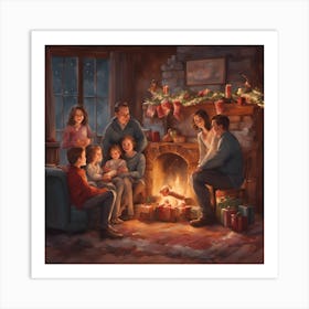 large christmas wall art Family By The Fireplace Art Print