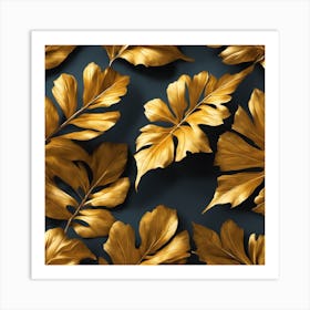 Gold Leaves On A Black Background Art Print