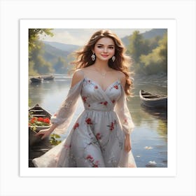 Beautiful Girl By The River Art Print