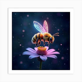 A Whimsical Bee With Wings Of Glowing, Neon Patterns Hovering Over A Dreamlike Flower 1 Art Print