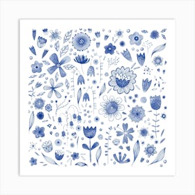 Blue and White Watercolor Flowers Art Print