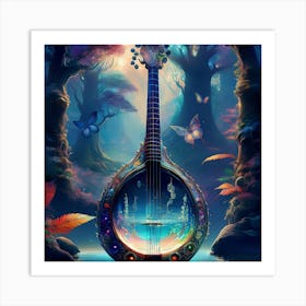 Firefly Banjo, Water, Enchanted, Forest, Kaleidoscope, Colors, Magical, Nature, Music, Instrument, F (11) Art Print