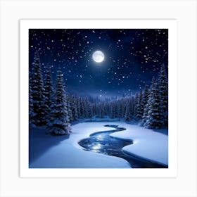 Snowy Forest Under A Full Moon With Lunar Beams Filtering Through The Trees Casting Elongated Shad Art Print