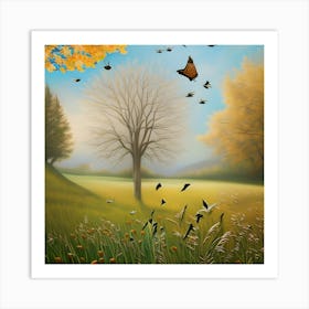 Nature Landscape With Butterflies Art Print