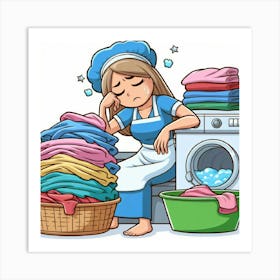 Cartoon Woman Washing Clothes Art Print