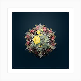 Vintage Yellow Rose Flower Wreath on Teal Blue n.1339 Art Print
