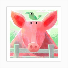 Pig With Pesky Bird Square Art Print