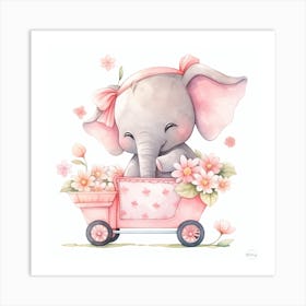Little Elephant In A Pink Cart - nursery decor, baby girl Art Print