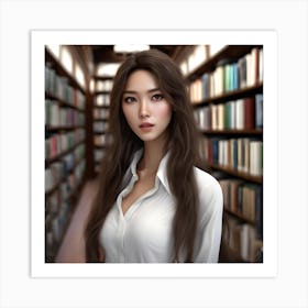 Asian Girl In Library Art Print