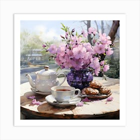 Serene Outdoor Tea Time with Cherry Blossoms | Elegant Spring Floral Still Life for Home and Café Décor Art Print