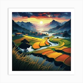 Beautiful views of rice fields, close to the river and surrounded by mountains, 16 Art Print