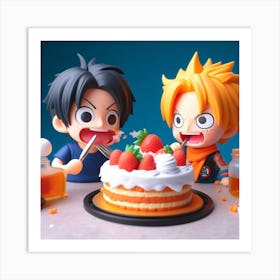 Anime kids eating strawberry cake Art Print