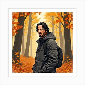 Keanu Reeves In A Watercolor Woodland Scene With Autumn Leaves In Warm Tones 1 Art Print