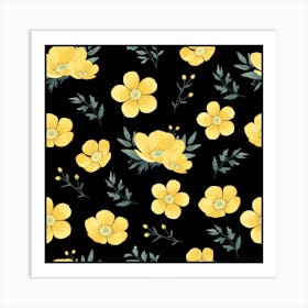 Yellow Flowers On Black Background Art Print