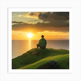 Man Sitting On A Hill Overlooking The Ocean Art Print