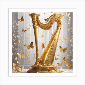 Golden Harp With Butterflies Art Print