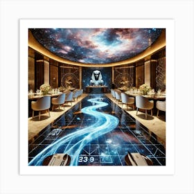 A Futuristic Dining Space With A Holographic Nile Art Print