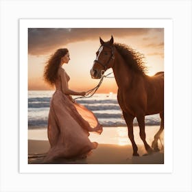 Beautiful Woman And Horse On The Beach Art Print