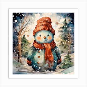 Watercolor Snowman In The Forest Art Print