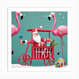 Santa Claus And Flamingos Art Print