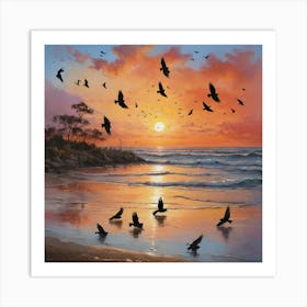 Sunset With Birds Art Print 0 Art Print