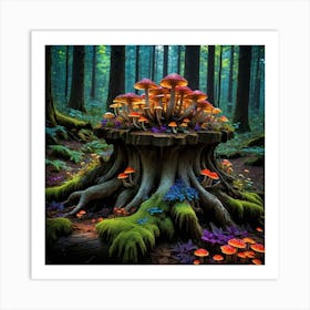 The Enchanted Stump Fungus Forest Art Print