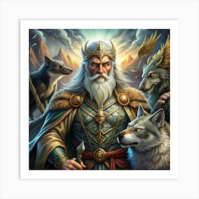 A Powerful And Majestic King With A White Beard And Crown, Surrounded By Wolves Art Print