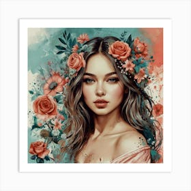 Beautiful Girl With Flowers Art Print