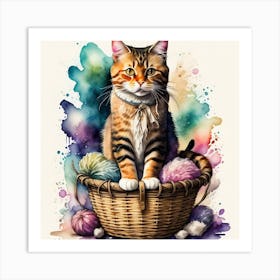 Cat In A Basket Print, authentic Art Print