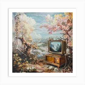 Tv Set an Blossoming Cherry Trees Art Print