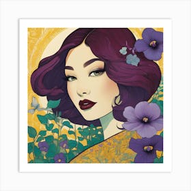 Asian Woman With Purple Flowers Art Print