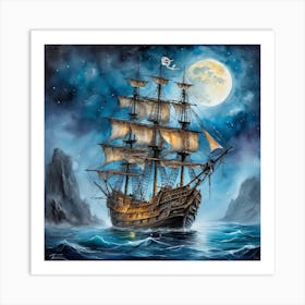 Pirate Ship At Night 3 Art Print