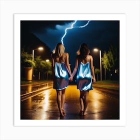 Two Women Holding Hands In The Rain Art Print