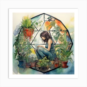 Girl In A Geometric Terrarium With Plants Watercolour and Ink Art Print