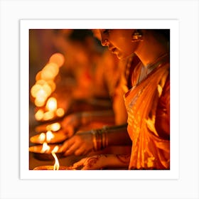 Women Lighting Diyas 2 Art Print