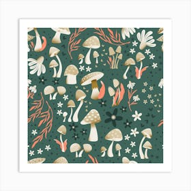 Mushrooms And Flowers On Green Square Art Print