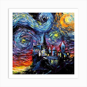 Castle Hogwarts Starry Night Van Gogh Parody Art Print