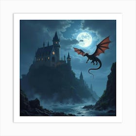 Dragon Soaring Above A Crumbling Castle During A Stormy Night 1 Art Print