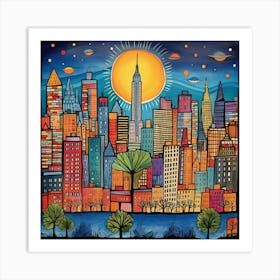 City New York Nyc Skyscraper Skyline Downtown Night Business Urban Travel Landmark Building Architecture Cityscape Landscape Drawing Art Print