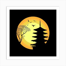 Birds Temple Tree Moon Night Art Print