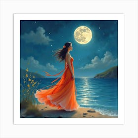 Elegant Woman In Watercolor Attire, Serene Moonlit Night 1 Art Print