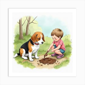 A Beagle And A Child Making A Mud Pie In The Backyard, Watercolor 1 Art Print