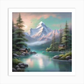 Mountain Lake in the Spirit of Bob Ross Soft Expressions Landscape Art Print