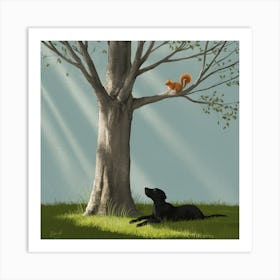 Quiet Encounter Tree, Squirrel, And Dog (4) Art Print