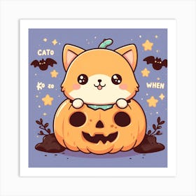 Halloween Cat in Pumpkin with Bats Around - Cute Cartoon Anime Styled Art Print