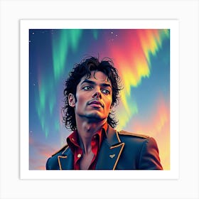 Watercolor Portrait Of Michael Jackson Amidst Colorful Auroras 1 Art Print